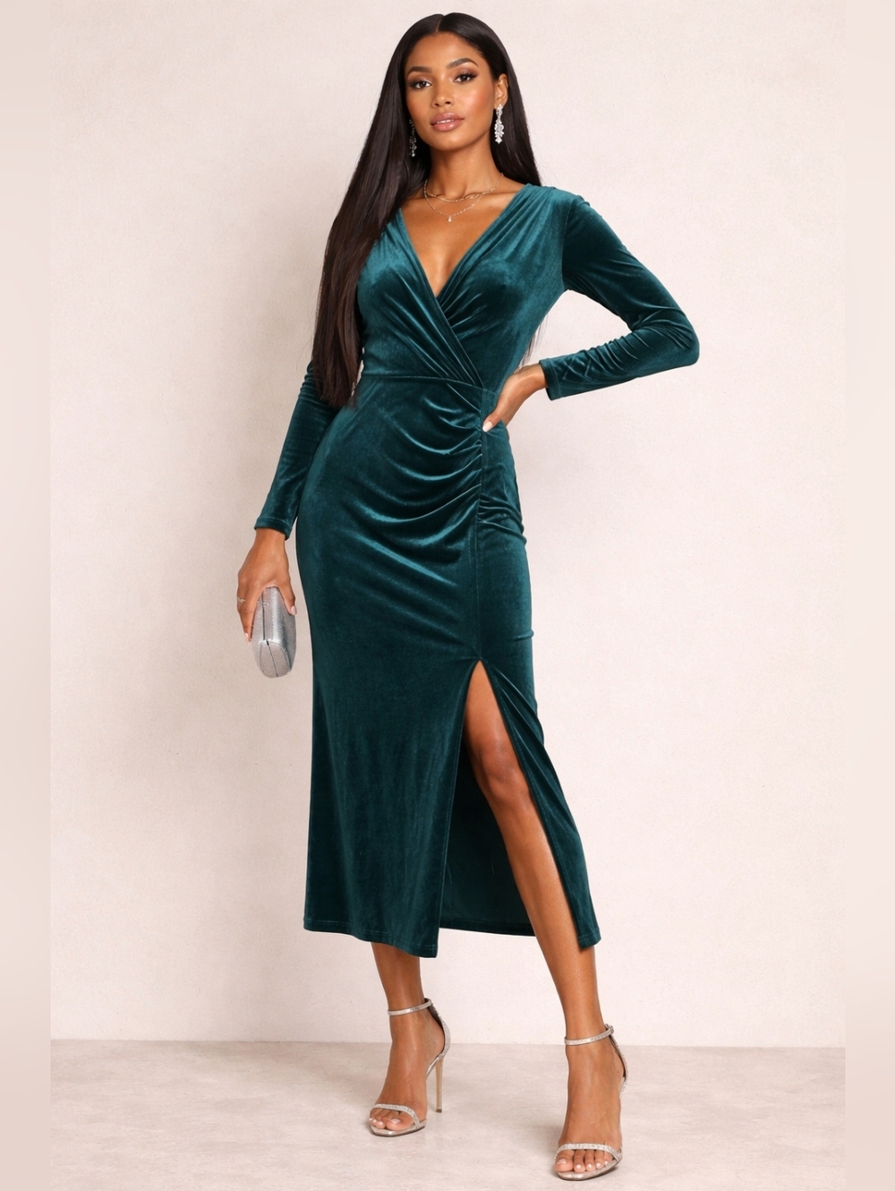 Ababalaya Emerald Green Womens Long Sleeve Velvet Wrap Midi Dress Size Large